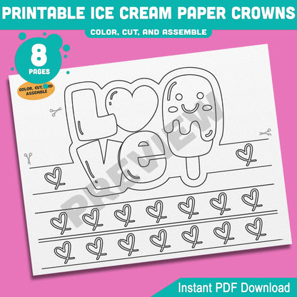 Ice Cream Crown Headbands & Hats for Summer Fun – Printable Kids Activity, 4 Cute Designs, Pre-Colored + Black & White, 8 Pages PDF