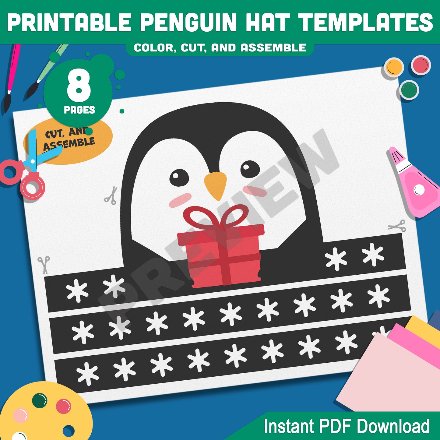 Printable Penguin Crown Craft Templates: 4 Winter-Themed Designs for Kids to Color, Cut, and Assemble, Includes Black & White, Instant Download.