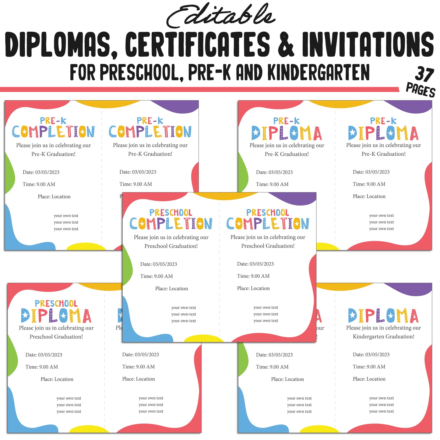 37 Editable Kindergarten, Pre-K, and Preschool Diplomas, Certificates of Completion, and Invitations – Instant PDF Download!