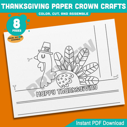 Printable Happy Thanksgiving Paper Crown Crafts, Fall Hat & Autumn Headband Activity for Kids, Party Paper Hat, 4 Designs, Pre-color + Black & White, PDF