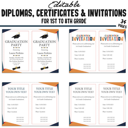 Printable 4th Grade Diplomas, Editable Certificates for 1st-8th Grades & Invitation Templates in a Flat Design, 34 Pages, Instant Download