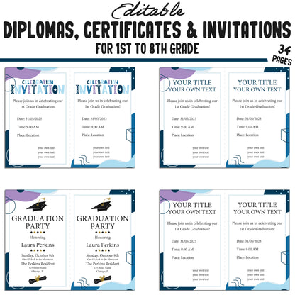 Printable 3rd Grade Diplomas, Editable Certificates for 1st-8th Grades & Invitation Templates in a Modern Design, 34 Pages, Instant Download