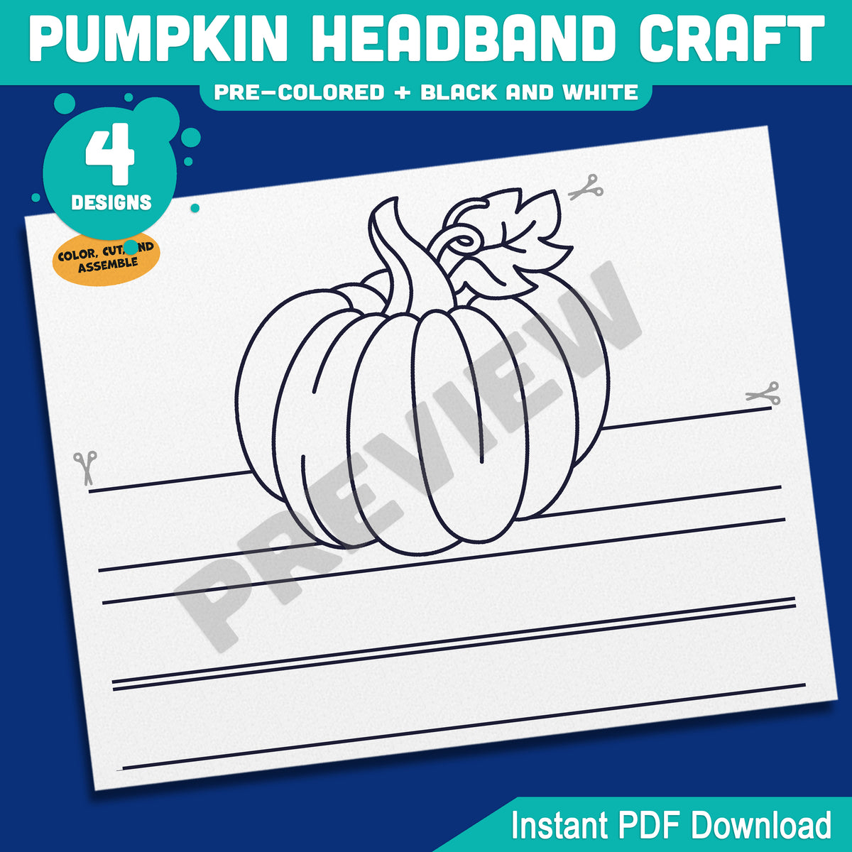 Pumpkin Headband Craft, Printable Autumn Crown, Paper Hat Activity, Pre-Colored & Black and White, Fall Craft for Kids, 4 Designs, A4, US Letter
