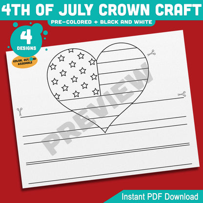 4th of July Crown Craft, Printable Holiday Headband Activity for Kids, Patriotic Coloring and Wearable Crown Templates