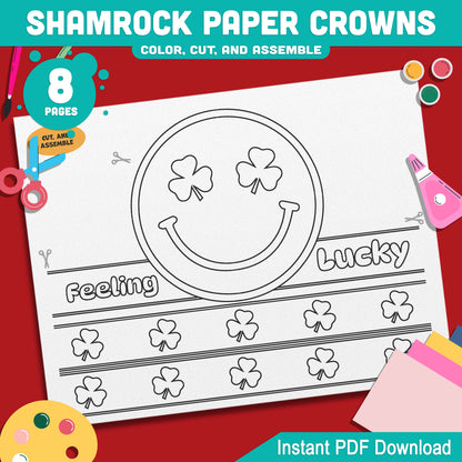 Shamrock Paper Crowns – St. Patrick’s Day Printable Headband Craft for Kids, Lucky Leprechaun Crown, School Party Paper Hat, Pre-color + Black & White