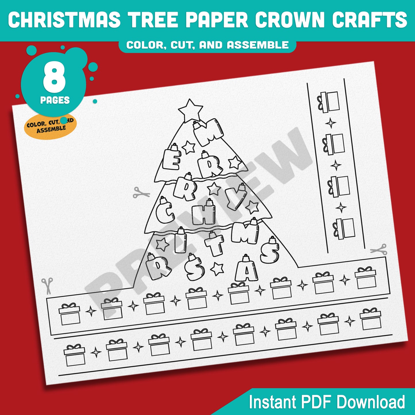Printable Christmas Tree Paper Crown Crafts, Coloring Hat and Headband for Winter Fun, Holiday Party Paper Hat, 4 Designs, Pre-color + Black & White, PDF Download