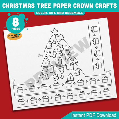 Printable Christmas Tree Paper Crown Crafts, Coloring Hat and Headband for Winter Fun, Holiday Party Paper Hat, 4 Designs, Pre-color + Black & White, PDF Download