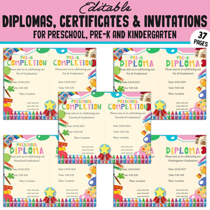 Editable Preschool, Pre-K, and Kindergarten Diplomas, Certificates, and Invitations – 37 Customizable PDF Pages, Instant Download