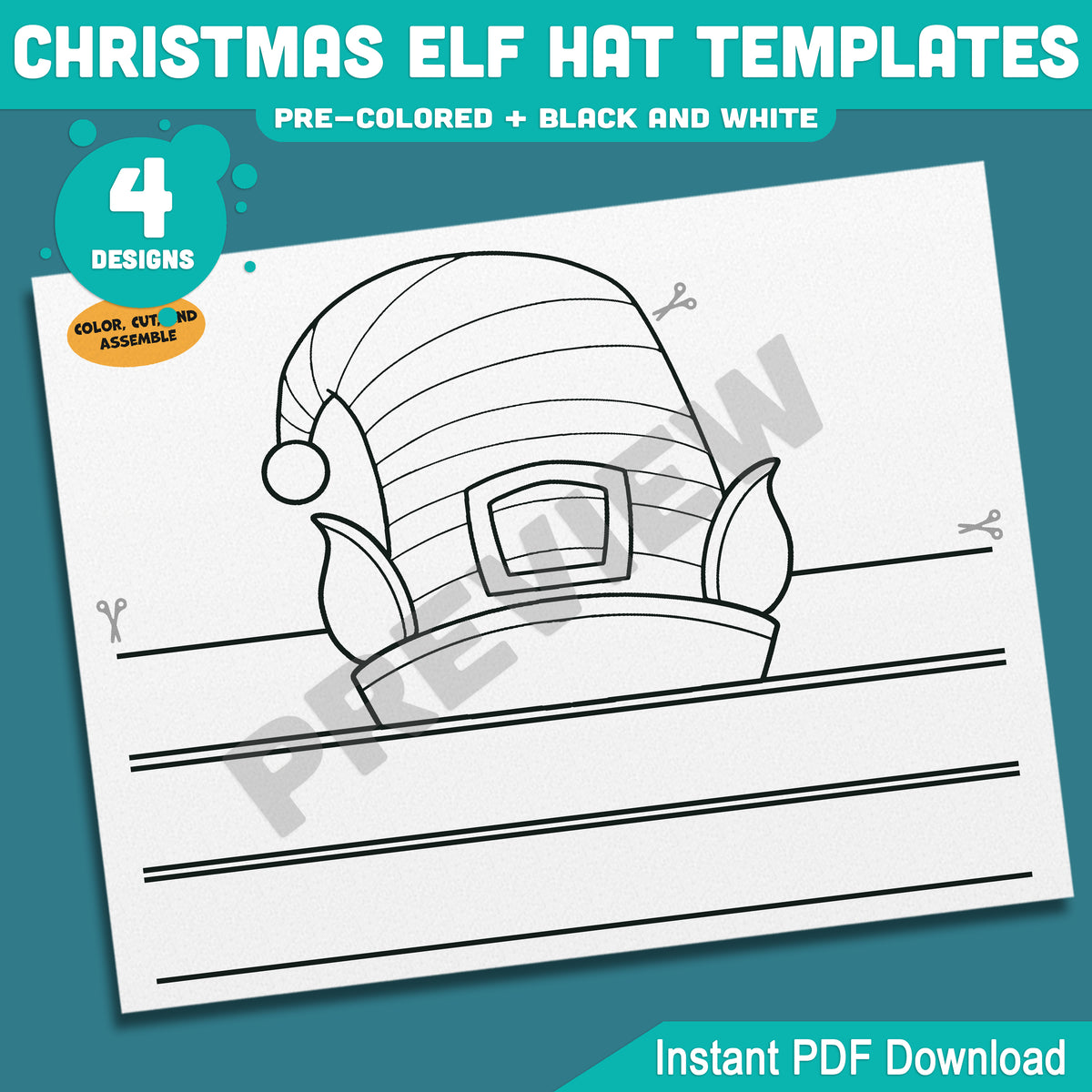 Christmas Elf Hat Templates, Kids Coloring Activity, Cut and Assemble Paper Hats