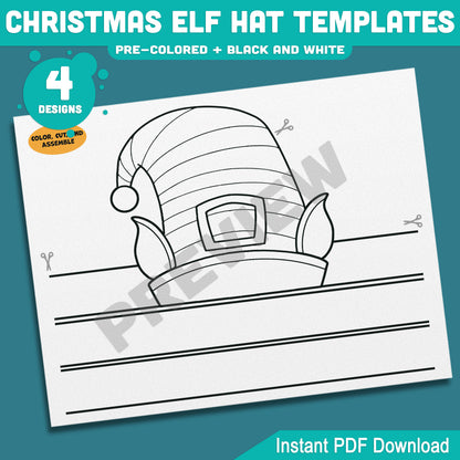 Christmas Elf Hat Templates, Kids Coloring Activity, Cut and Assemble Paper Hats