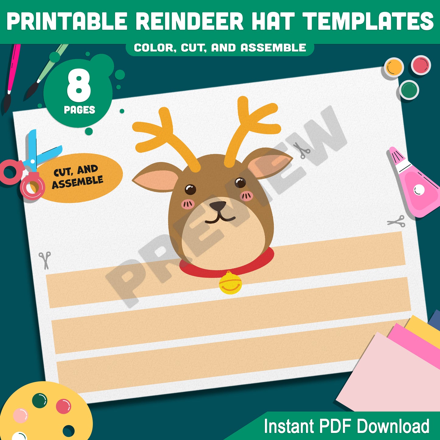 Festive Reindeer Hat Crown Templates: Christmas Craft Activity for Kids, 4 Unique Designs in Color & Black-and-White, Printable Instant Download.