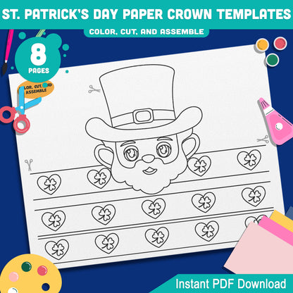 St. Patrick’s Day Paper Crown Templates – Wearable Craft for Kids, Lucky Shamrock Headband, Leprechaun Classroom Hat, Pre-color + Black & White