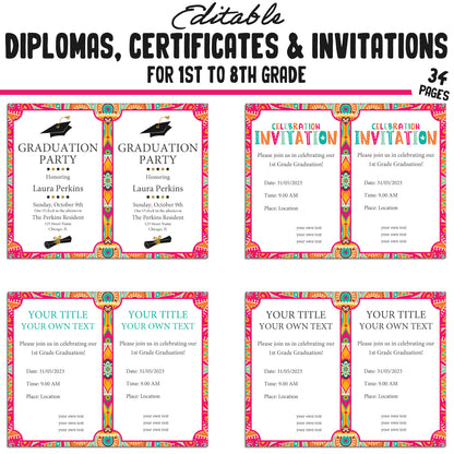 Printable 7th Grade Diplomas, Editable Certificates for 1st-8th Grades, Invitation Templates in Mandala Design, 34 Pages, Instant Download