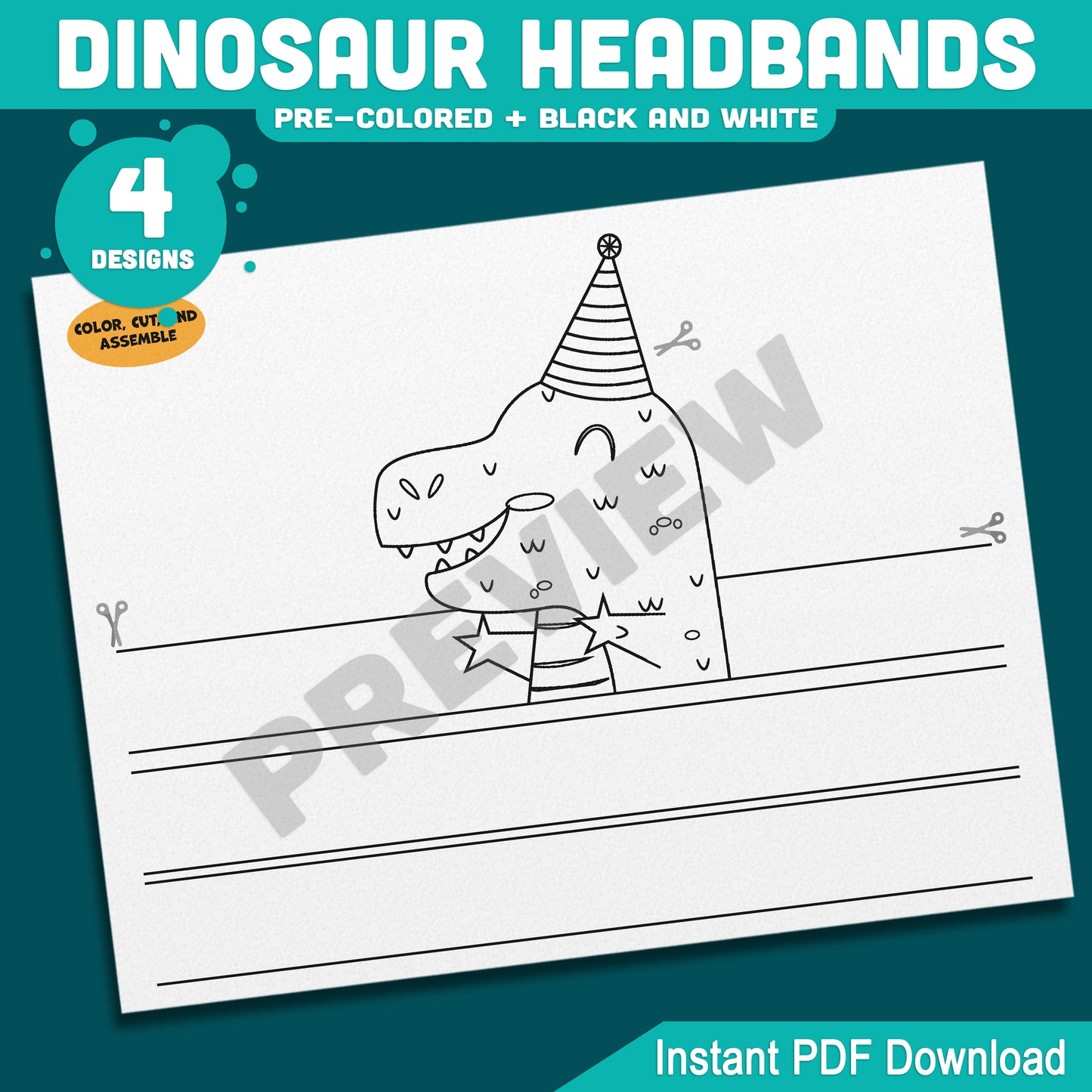 Dinosaur Birthday Headbands, Printable Paper Crowns, Color Your Own Party Hats, Wearable Dinosaur Craft, 4 Designs, US Letter, A4