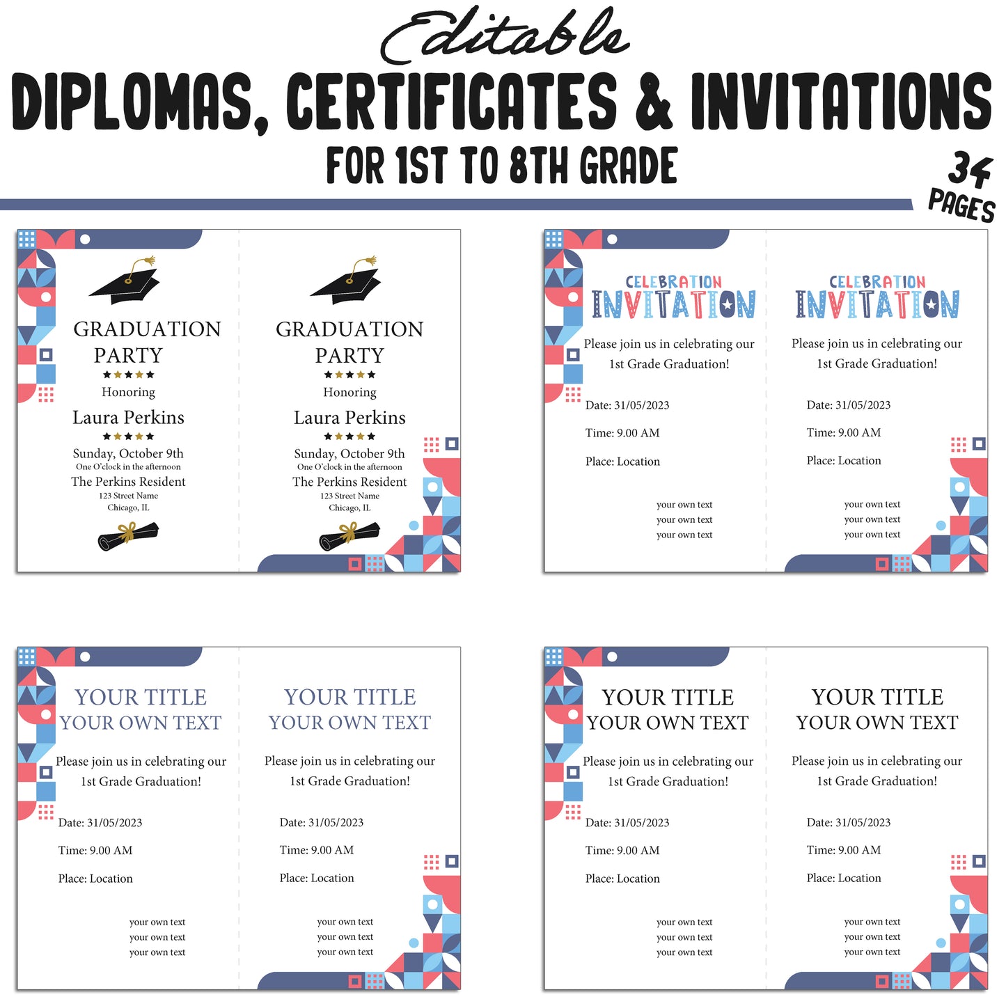 Editable Diplomas for 4th Grade, Certificates for 1st-8th Grade, and Invitation Templates in a Mosaic Theme - 34 Pages, PDF Instant Download