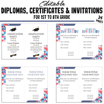 Editable Diplomas for 4th Grade, Certificates for 1st-8th Grade, and Invitation Templates in a Mosaic Theme - 34 Pages, PDF Instant Download