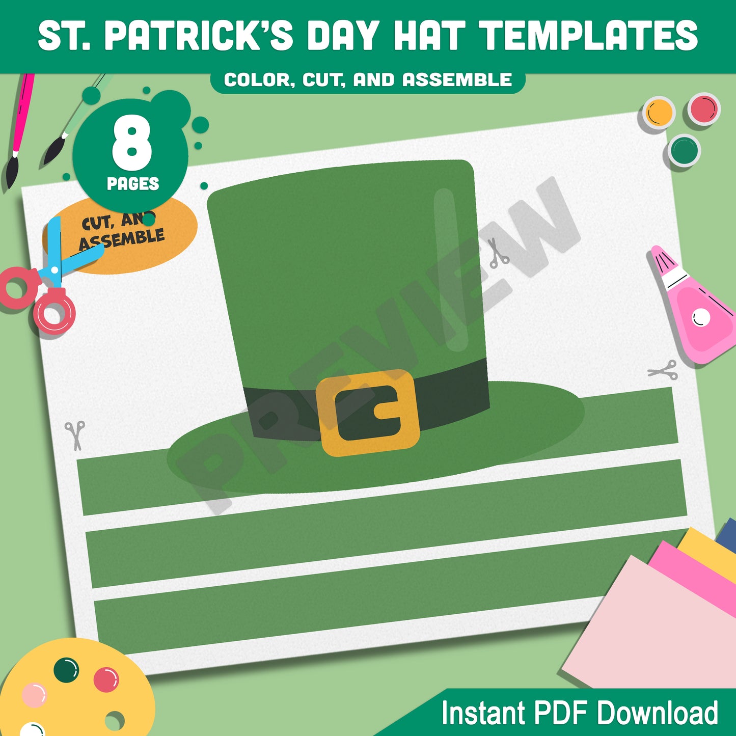 St. Patrick’s Day Hat Craft for Kids: 4 Creative Templates to Color, Cut, and Assemble in Color and Black-and-White, PDF Instant Download