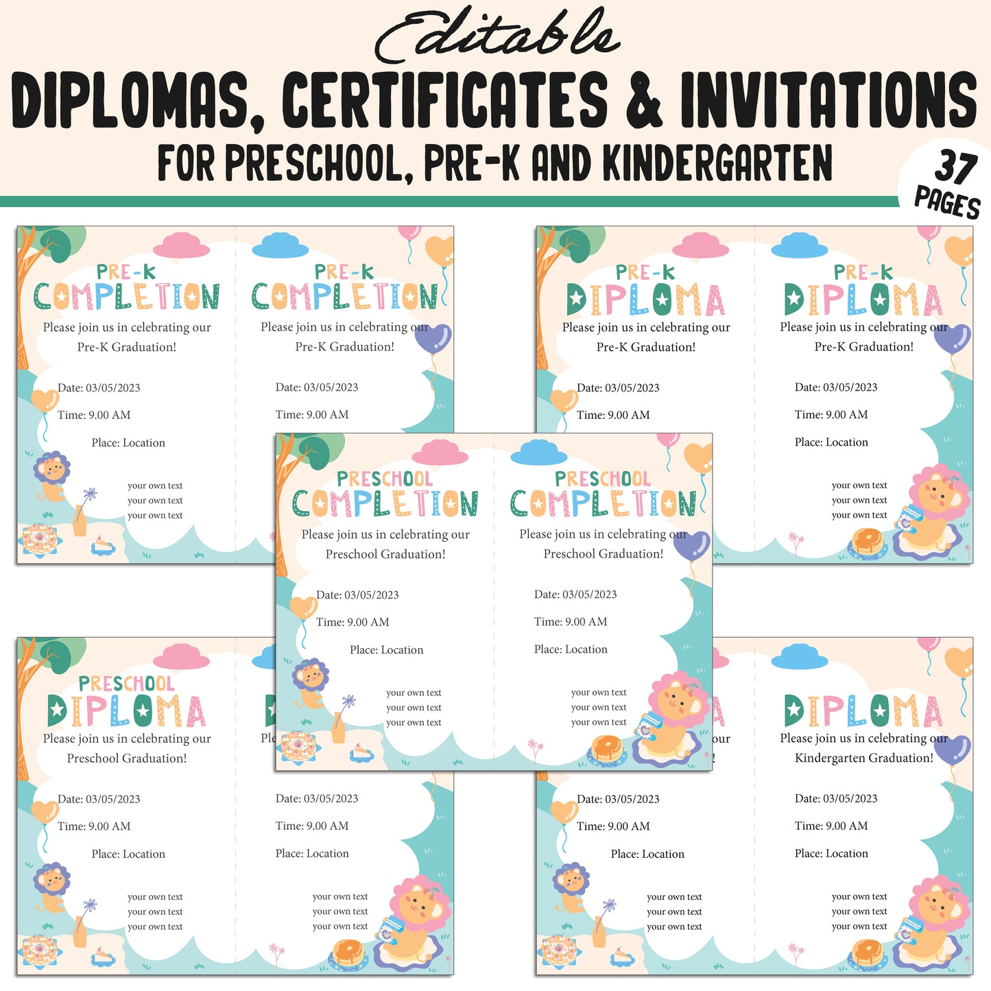 Editable Kindergarten, PreK, Preschool Diplomas, Certificates & Invitations – 37 Customizable PDF Pages, Instant Download