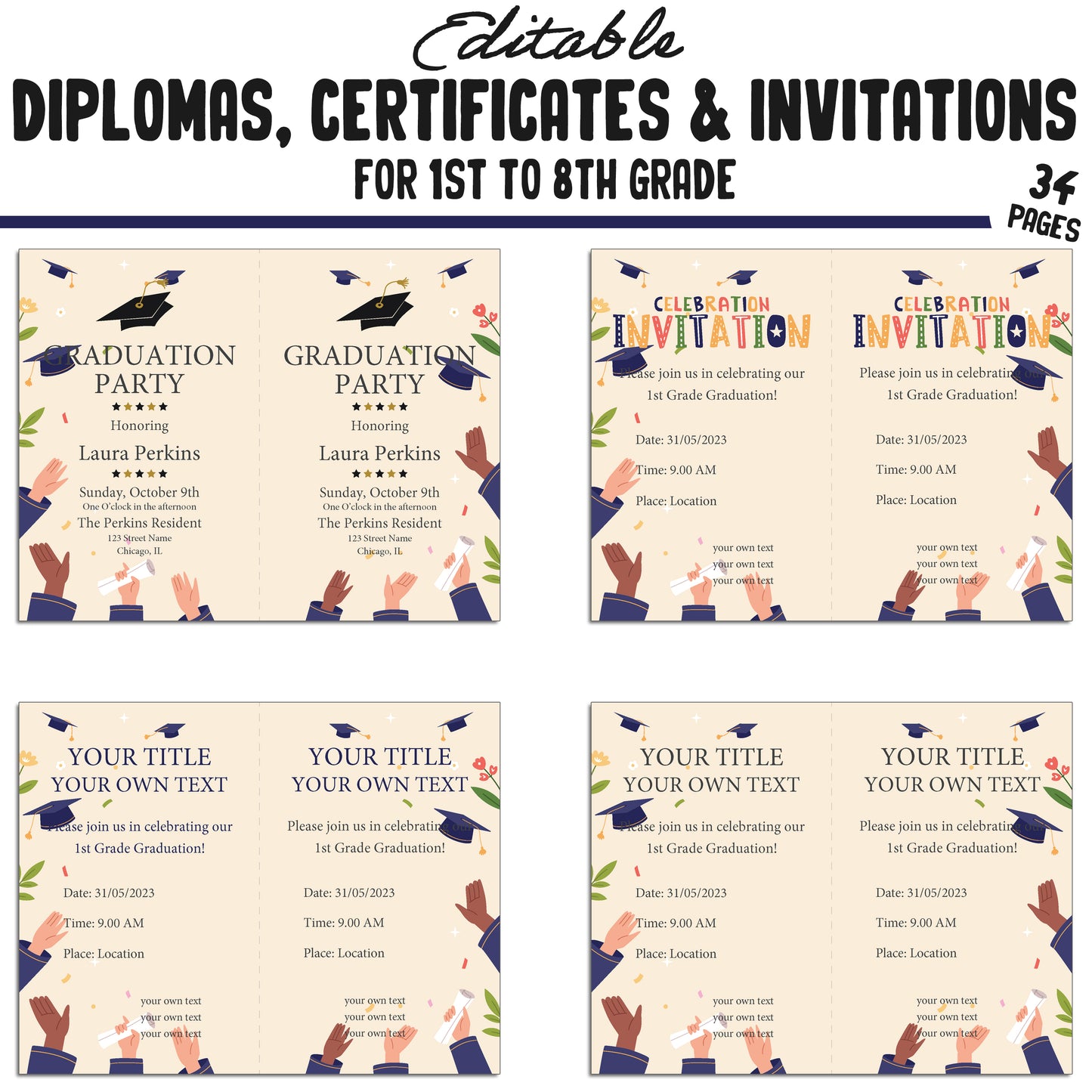 34 Editable/Printable First Grade Diplomas, 1st-8th Grade Certificates, Diplomas & Invitation Templates, Graduation-Themed, PDF