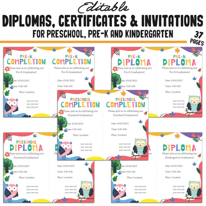 37 Editable Kindergarten, Pre-K, and Preschool Certificates of Completion, Graduation Invitations, Diplomas, and Certificate Templates