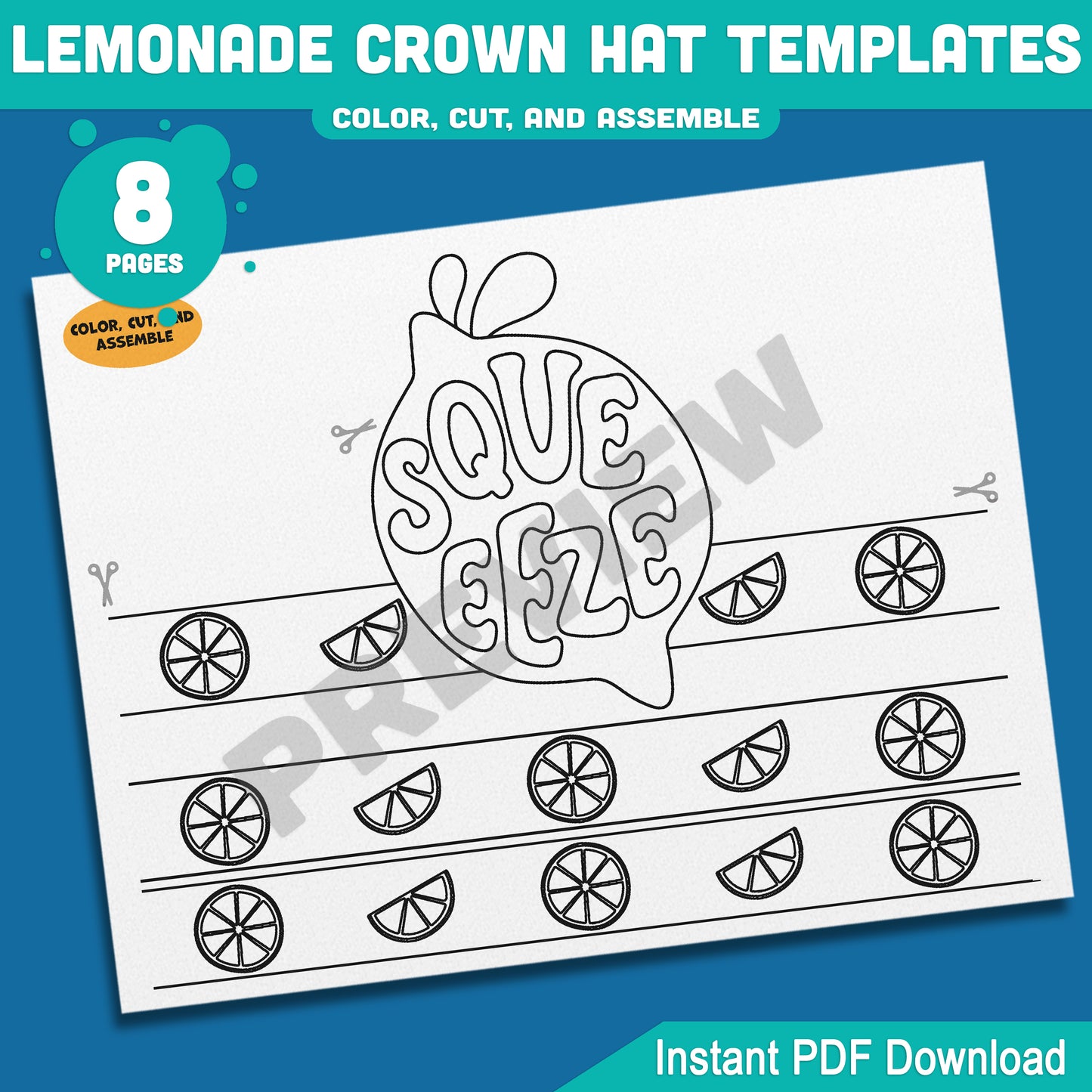 Lemonade Crown Hat Templates – Printable Summer Headband Craft for Kids, 8 Pages with Coloring Option, Instant PDF Download