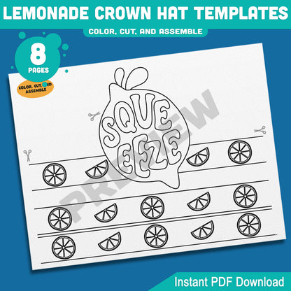 Lemonade Crown Hat Templates – Printable Summer Headband Craft for Kids, 8 Pages with Coloring Option, Instant PDF Download