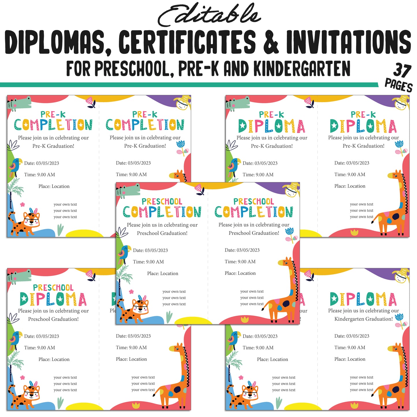 37 Editable Kindergarten, Pre-K, and Preschool Diplomas, Certificates, and Invitations Templates, PDF Files, Instant Download