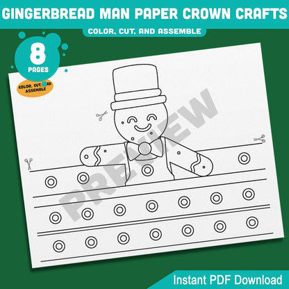 Printable Gingerbread Man Paper Crown Crafts, Christmas Hat and Headband Winter Craft, Holiday Party Paper Hat, Cut, Color & Assemble Activity, 4 Designs, Pre-color + Black & White