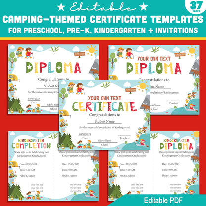 Preschool to Kindergarten Camping Certificate Pack – 37 Editable Templates with Diplomas & Invitations, Fun Outdoor Theme PDF Download