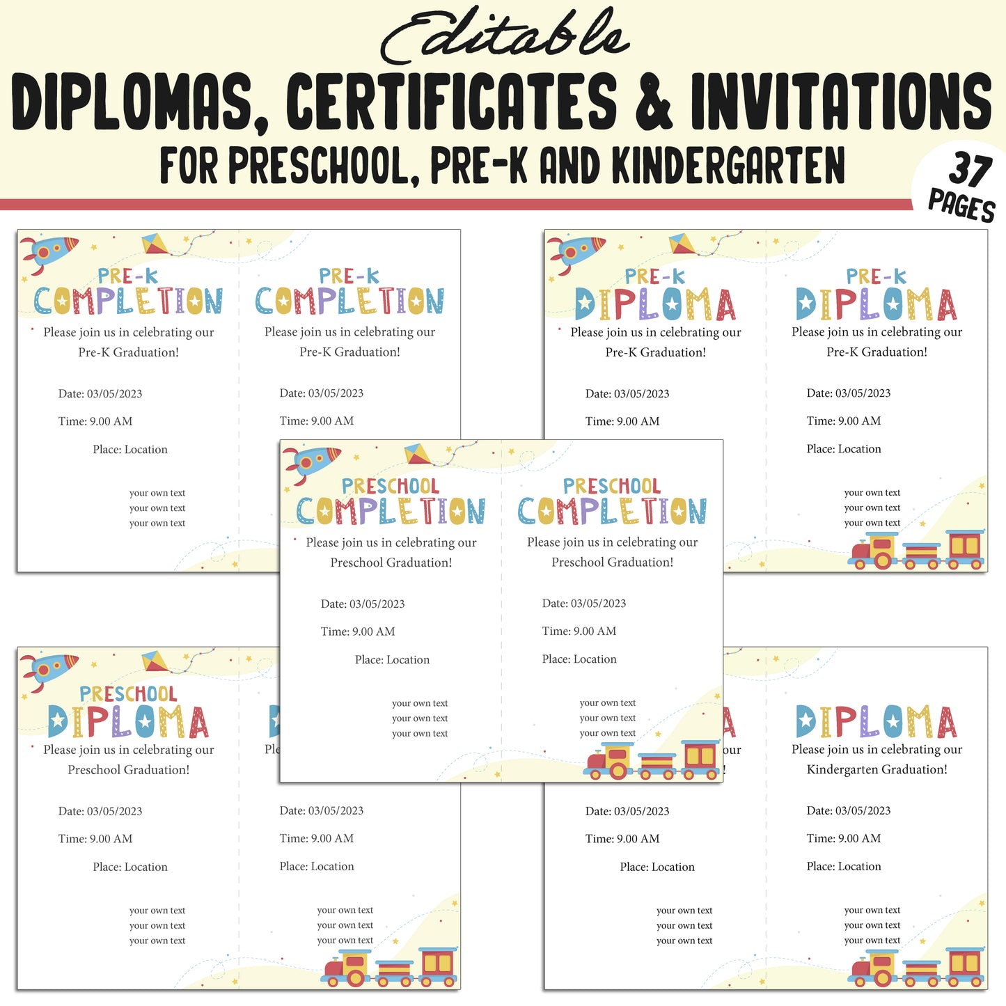 Kindergarten, Preschool, Pre K Certificates, Diplomas, End of the Year & Invitations, 37 Customizable PDF Pages, Instant Download