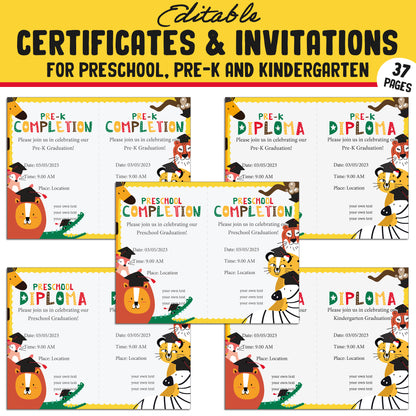 Fun Editable Certificates and Invitations for Preschool, Pre-K, and Kindergarten – 37 Customizable Pages, PDF Instant Download