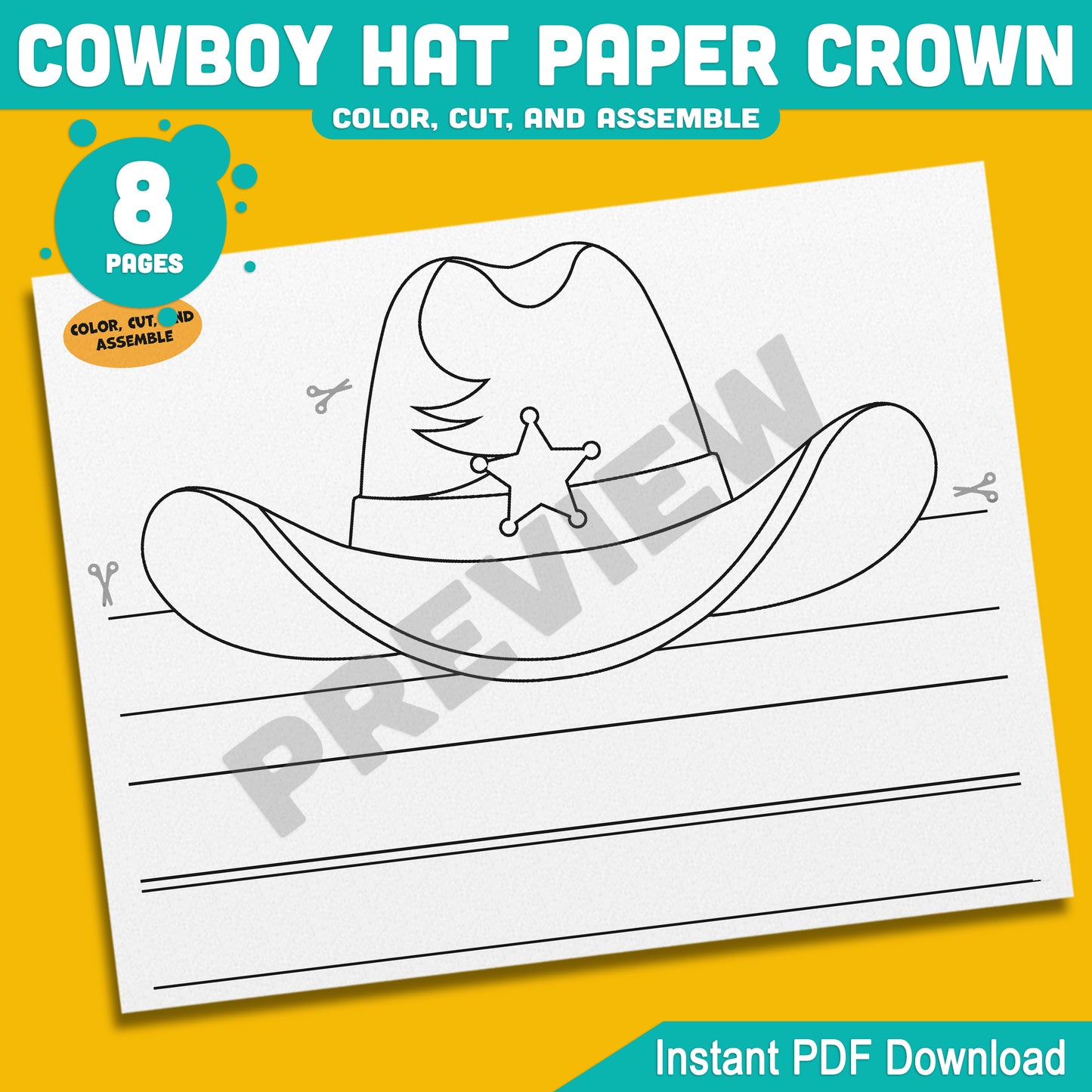Cowboy and Cowgirl Paper Hat Crowns – Western-Themed Headband Crafts for Kids, 4 Designs, Pre-Colored & Black and White, PDF