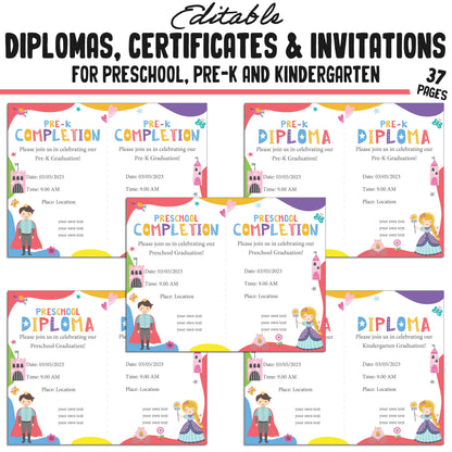 Editable Kindergarten, Pre-K, and Preschool Graduation Invitations, Diplomas, and Certificate Templates – Instant PDF Download!