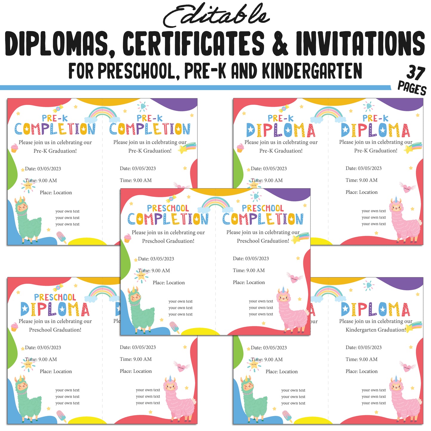 37 Editable Kindergarten Diploma Template, Pre-K, Preschool Certificates of Completion, and Invitations – Instant PDF Download!