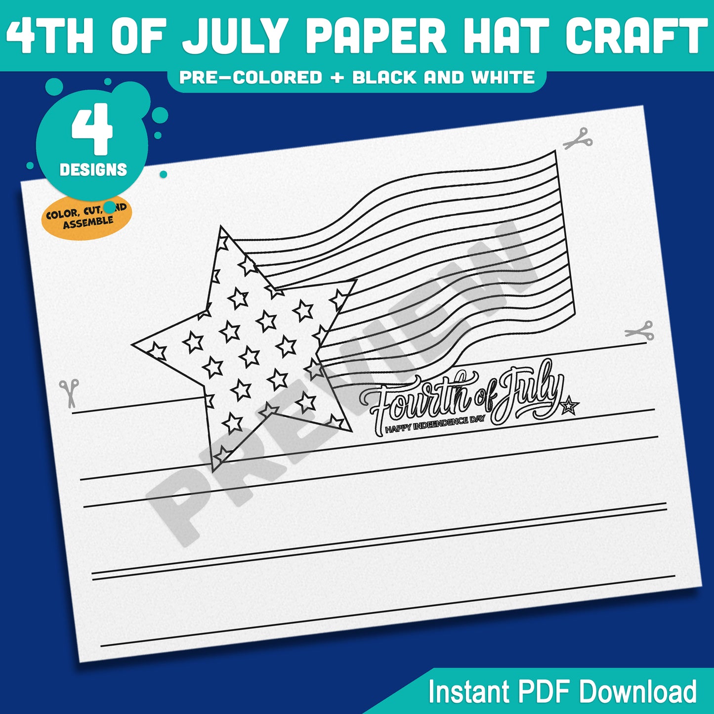 4th of July Paper Hat Craft, Patriotic Wearable Craft Activity for Kids, Printable Independence Day Party Hat Templates