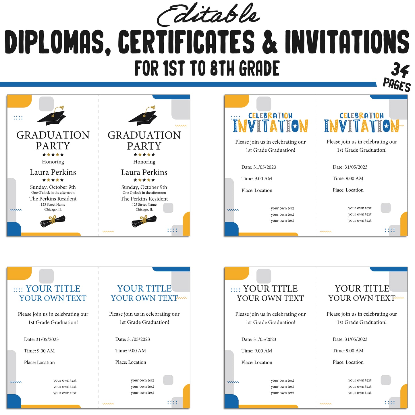 Editable 1st Grade Diploma, 1st-8th Grade Certificates, and Invitation Templates in a Simple & Modern Theme, PDF Instant Download.