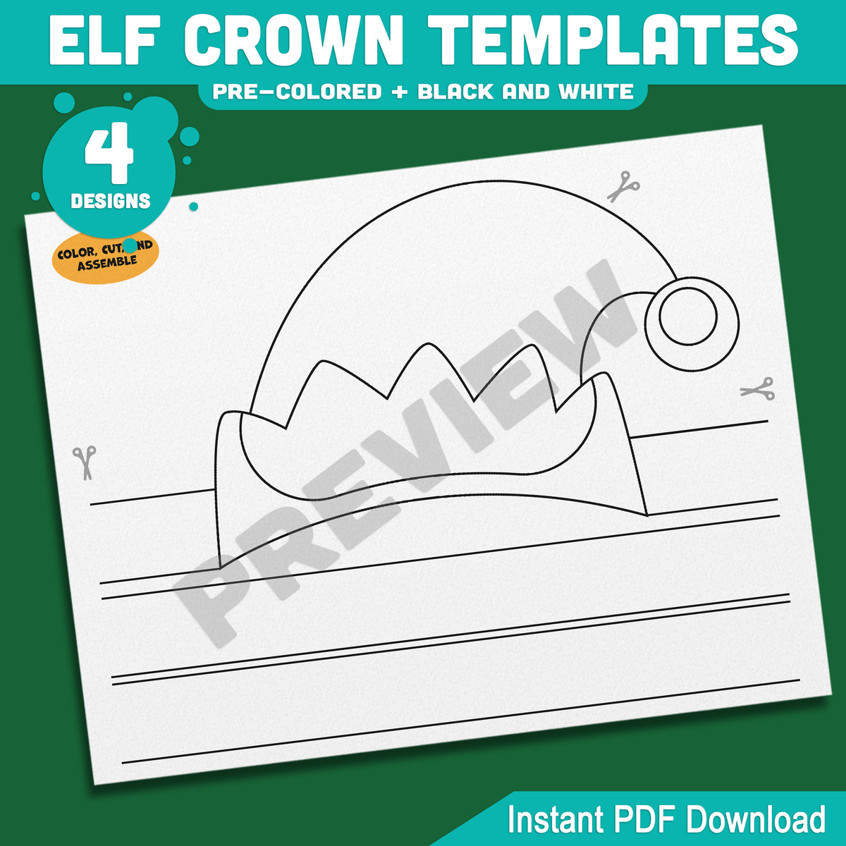 Elf Crown Templates, Christmas Coloring and Cutting Activity