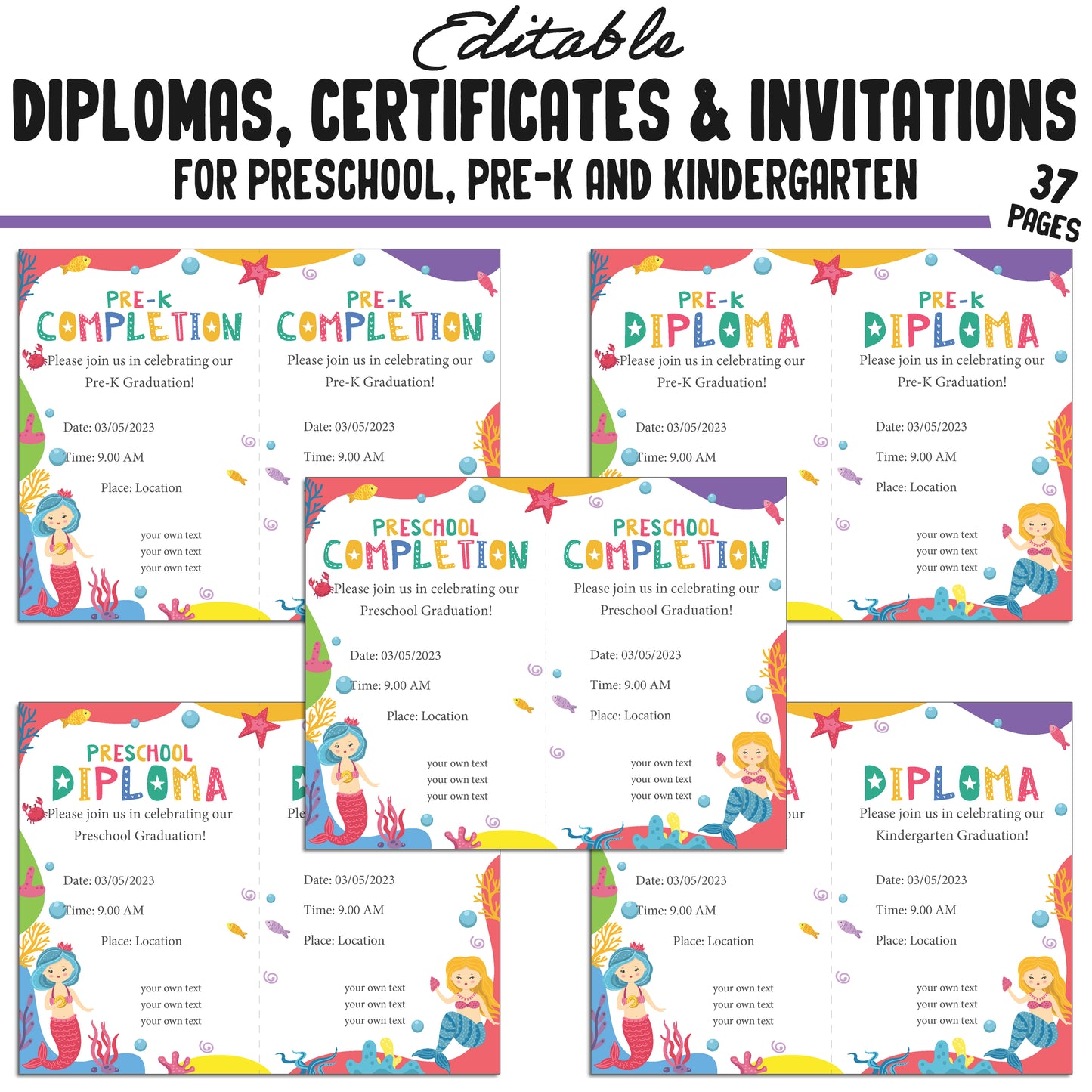 Editable Kindergarten Graduation Invitations, Pre-K and Preschool Completion Certificates, Diplomas, PDF Files, Instant Download