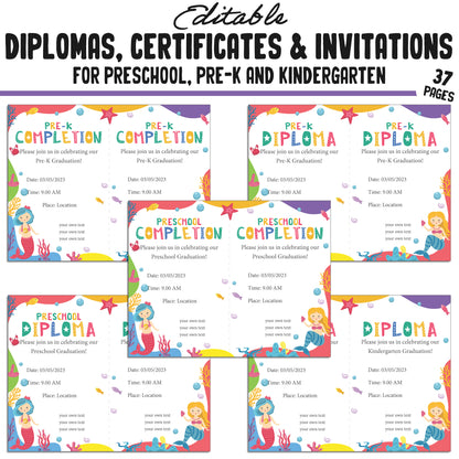 Editable Kindergarten Graduation Invitations, Pre-K and Preschool Completion Certificates, Diplomas, PDF Files, Instant Download