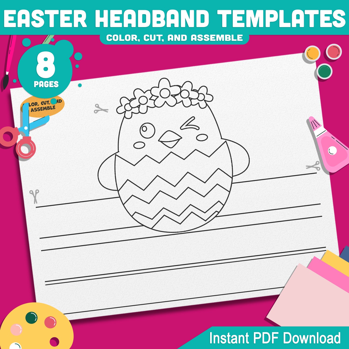 Easter Headband Templates for Kids – Bunny, Chick, Easter Egg & Lamb Wearable Crown Craft, Pre-color + Black & White PDF