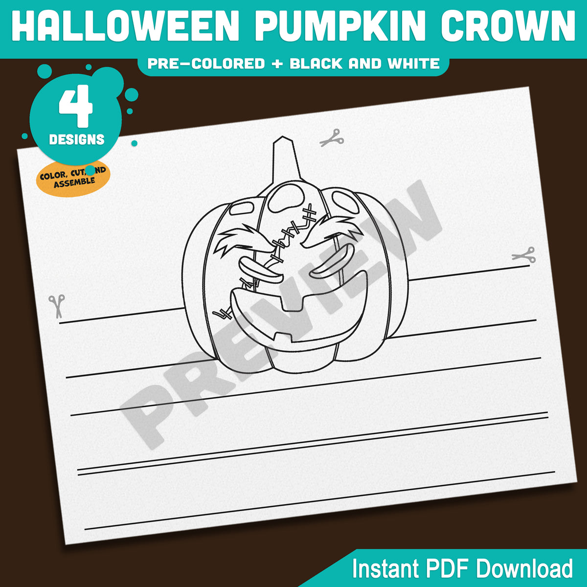 Halloween Pumpkin Crown, Printable Pumpkin Headband, Paper Hat Craft, Pre-Colored and Black & White, 4 Designs, Halloween Activity, A4, US Letter