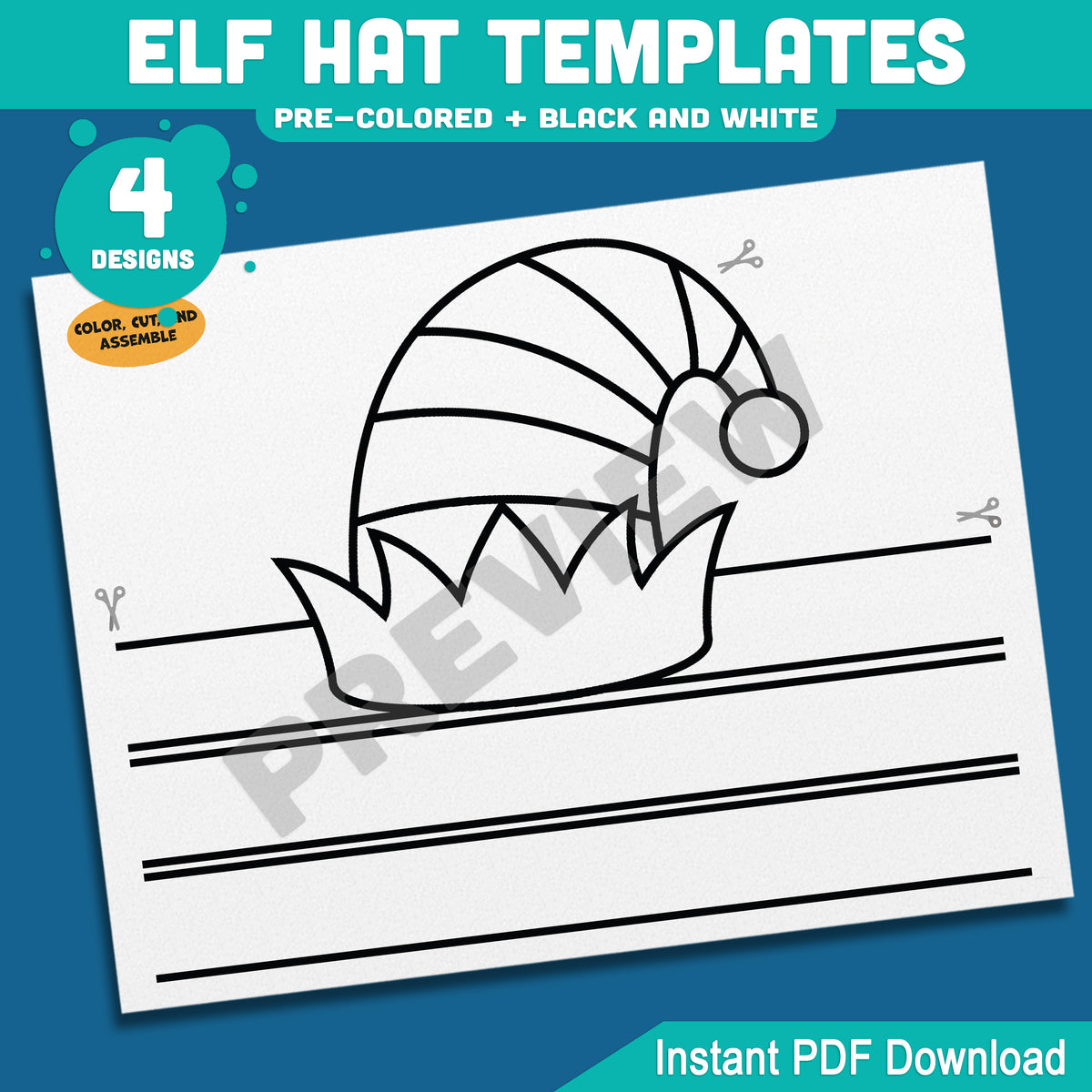 Elf Hat Templates, Coloring Craft and Printable Paper Headwear