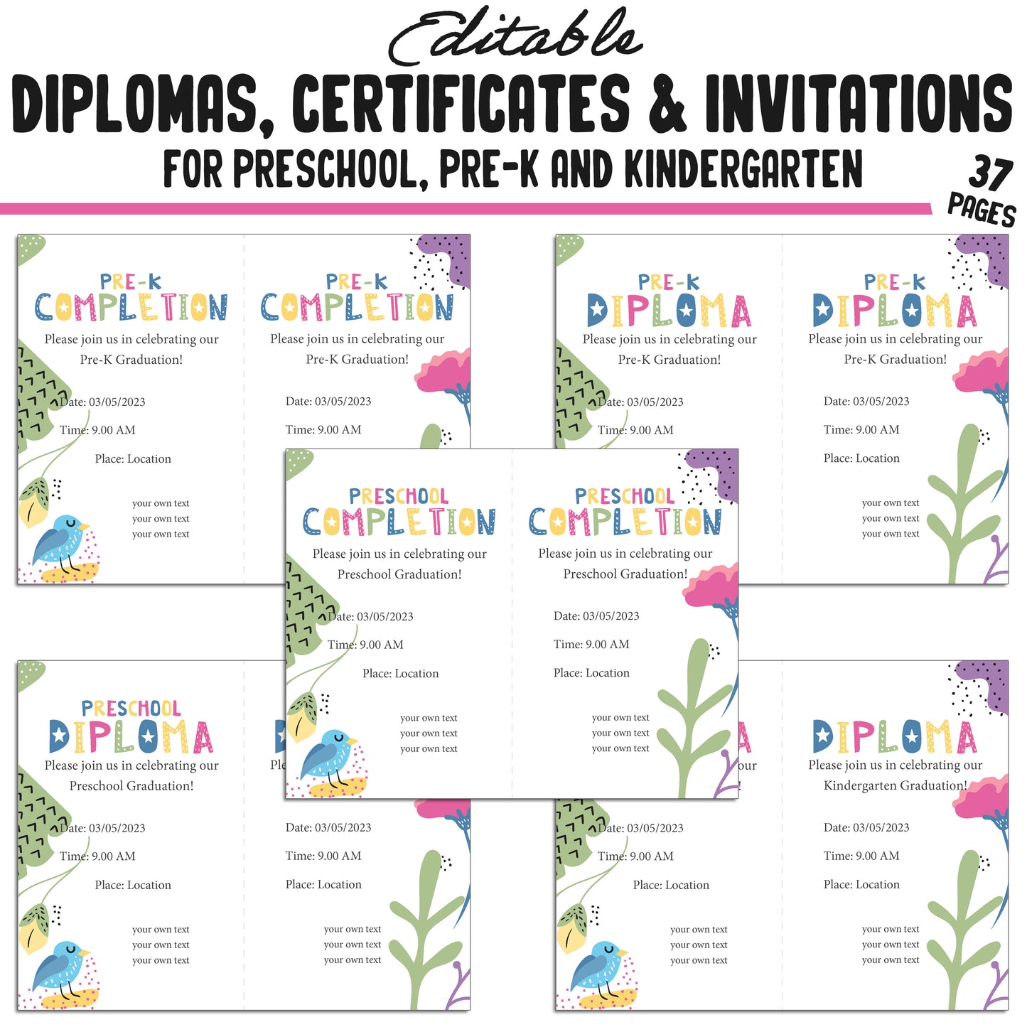 Preschool, Pre K, Kindergarten Graduation Certificates, Diplomas & Invitations, 37 Customizable PDF Pages, Instant Download