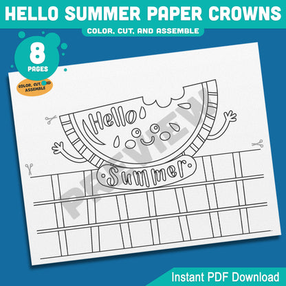 Hello Summer Paper Crown Craft for Kids – Beach Headbands in 4 Designs, Color and Black & White Printable Hats, Instant PDF, 8 Pages