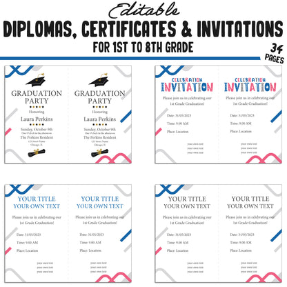 Graduation Diploma for First Graders, 1st-8th Grade Certificates, and Invitation Templates in a Modern Blue Theme, PDF Instant Download.