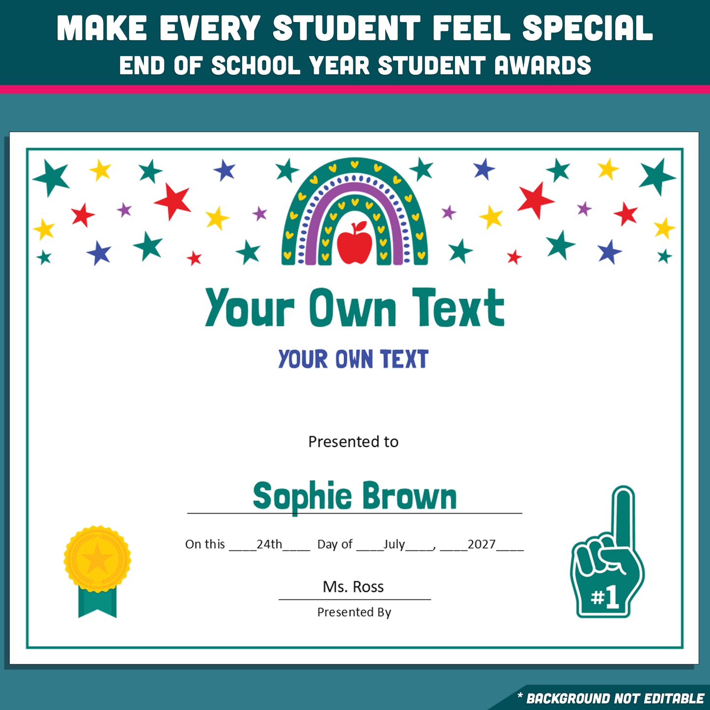Editable End-of-Year Superlative Awards, Personalized Classroom Honors, Rainbow and Star Themed Certificates, PowerPoint