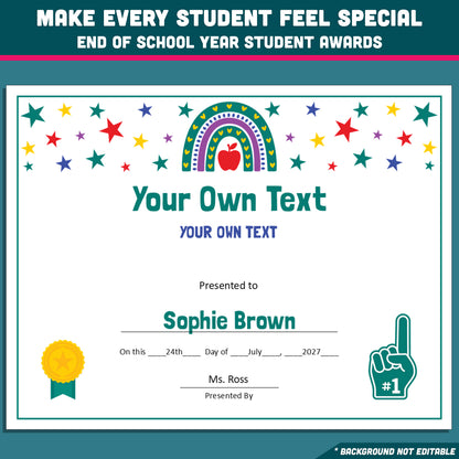 Editable End-of-Year Superlative Awards, Personalized Classroom Honors, Rainbow and Star Themed Certificates, PowerPoint