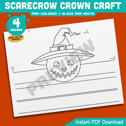Scarecrow Crown Craft, Fall Paper Crown & Hat Activity, Printable Headband, Pre-Colored and Black & White, Autumn Craft, 4 Designs, A4, US Letter