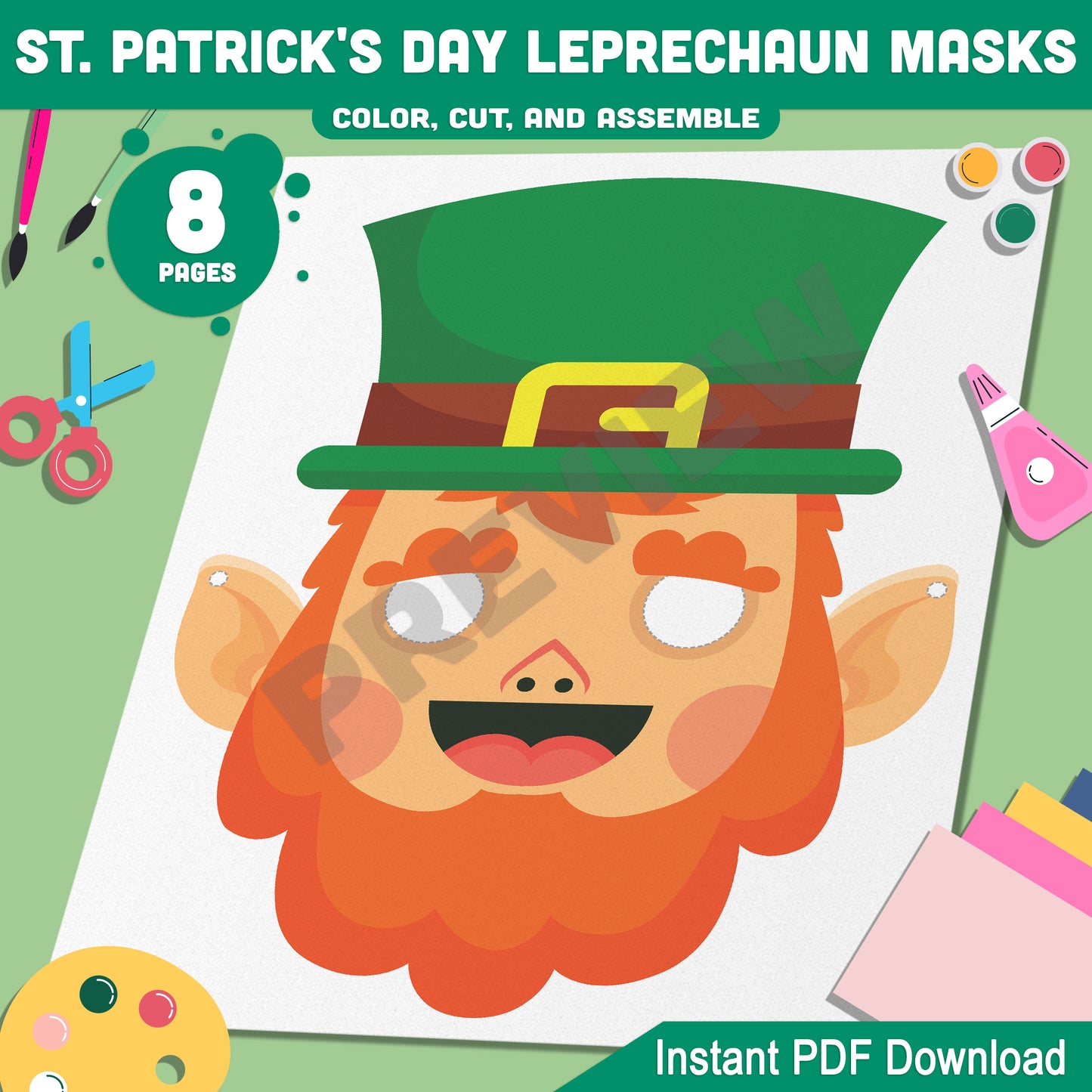 St. Patrick's Day Craft for Kids: Leprechaun Mask Templates with 4 Festive Designs to Color, Cut, and Assemble, Instant Download, PDF File