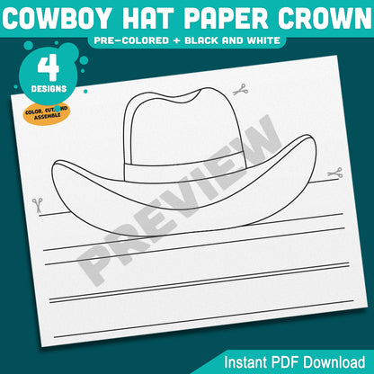 Cowboy Hat Paper Crown Template, Wild West Headband Craft, Western Dress Up for Cowgirl & Cowboy, Back to School Printable